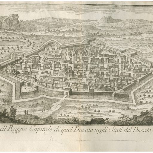 Acquaforte anonima inserita nell'opera: Thomas Salmon, Lo stato presente di tutti i paesi e popoli.. Venezia, Albrizzi, 1740-1766. La pianta di Reggio è nel voi. XIX datato 1751