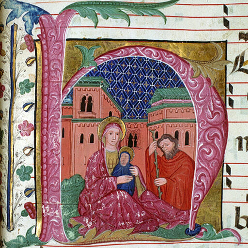 H (Hodie) con Natività della Vergine, con fregio e fusto e fiori su tutti i quattro margini - c. 157r