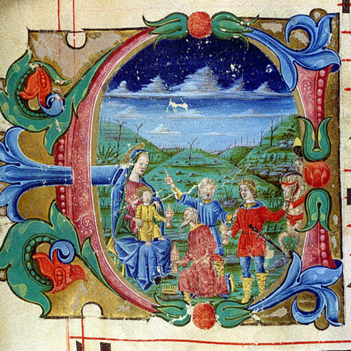 E (Ecce) con Adorazione dei Magi - c. 70r