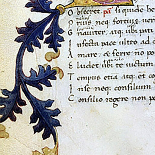 Q (Quid) con fregio a fogliame blu nella parte inferiore del margine esterno - c. 23v