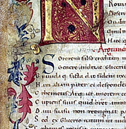 N (Natus) con fregio a motivi vegetali liberi lungo il margine interno e parte del superiore, con continuazione nel bas-de-page - c. 1r