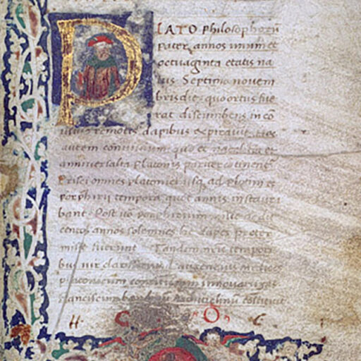 P (Plato) con Platone (?), con fregio a bianchi girari sui margini interno, superiore e inferiore, nel centro del quale, come bas-de-page, stemma rosso sorretto da due putti, parzialmente abraso - c. 1r