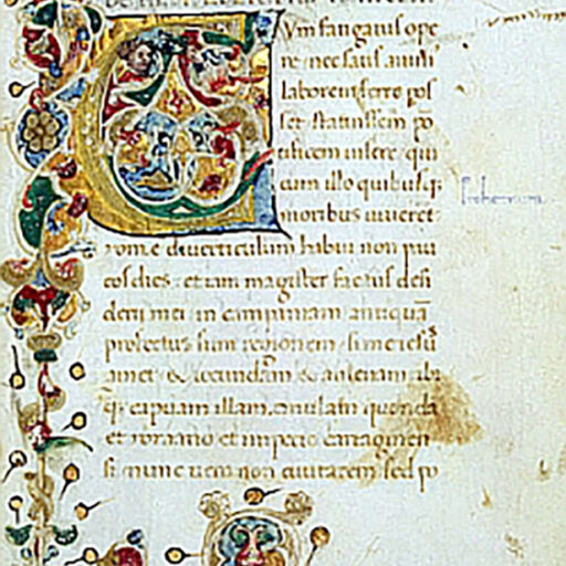 C (Cum) con testa maschile che riceve da una mano una corona di lauro e fregio lungo l'intero margine interno e metà dei margini superiore e inferiore - c. 7r