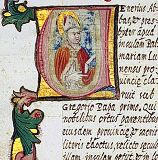 V (Venerius) con Santo vescovo e con ricco fregio - c. 62v