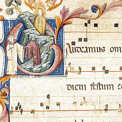G (Gaudeamus) con Assunzione della Maddalena e fregio a girari vegetali - c. 56r