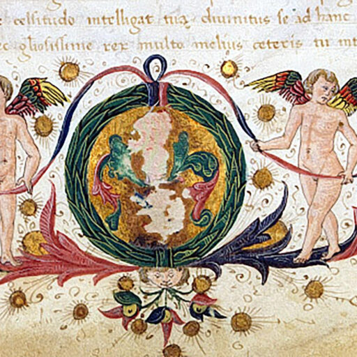 Stemma (parzialmente abraso) entro corona laurea sorretta da due putti - c. 1r (bas-de-page)