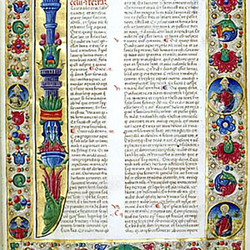 I (In) a candelabra su fondo in oro e fiori, con fregio sui quattro margini a girari vegetali e fiori di tipo rinascimentale ferrarese, sette tondi con Episodi del Genesi e uno, al margine inferiore, con stemma della famiglia Arlotti - c. 4r