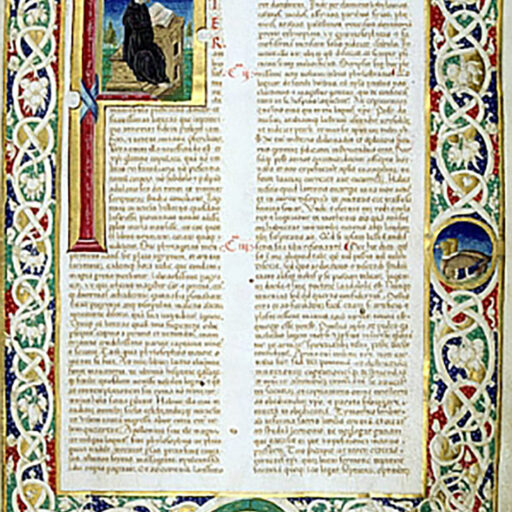 F (Frater) con Frate leggente (San Girolamo?), riquadrata in foglia d'oro, con fregio sui quattro margini a bianchi girari e due tondi: uno con anatre, nel margine esterno, un altro con il monogramma IHS in quello inferiore - c. 1r