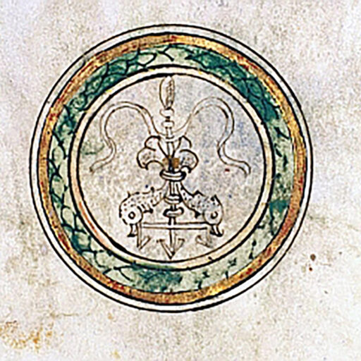 Stemma (quello dello stesso Antonio Tridento?) definito a inchiostro, entro cornice a cerchi concentrici, uno dei quali in oro - c. 1r (bas-de-page)