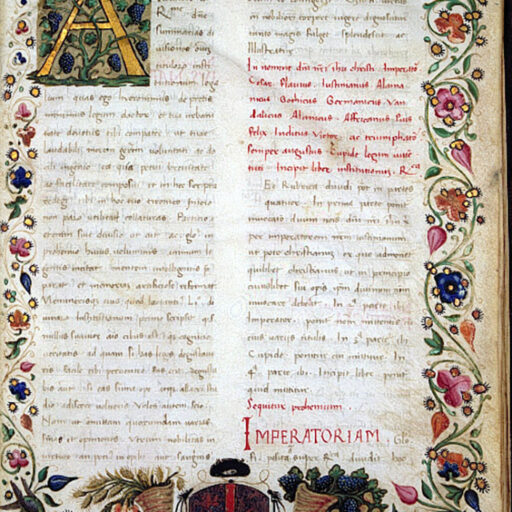 A (Accipe), con fregio sui quattro margini a fiori, cerchietti dorati e uccelli, e nel bas-de-page stemma Gonzaga affiancato da due cornucopie - c. 1r