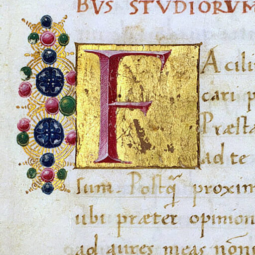 F (Facilius), con breve fregio a ghirigori a inchiostro e fiori - c. 3r