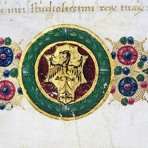 Stemma Calco con aquila e decorazione di ghirigori a inchiostro e fiori - c. 3r (bas-de-page)