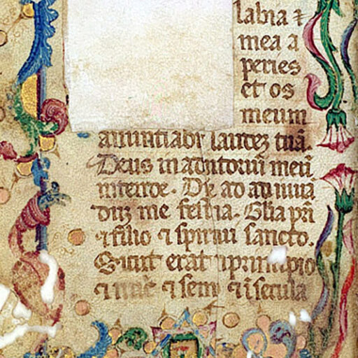 Fregio sui quattro margini a motivi vegetali con emblema e fiore tricolore a campana, in origine accompagnato da iniziale figurata D (Domine) probabilmente con Cristo (?), asportata - c. 1v