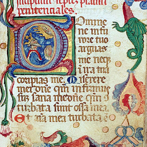 D (Domine) con David e Cristo, con fregio sui quattro margini a motiiv misti e scritta 