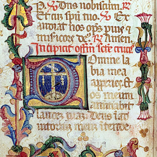 D (Domine) con Croce, con fregio sui quattro margini a fusto e girari vegetali - c. 82r