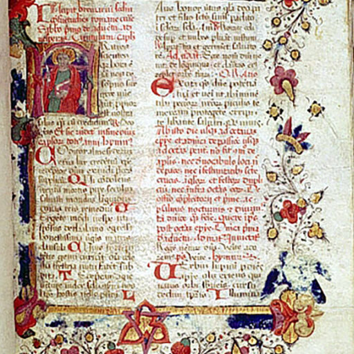 F (Fratres) con San Paolo, con fregio sui quattro margini a fusto, cerchietti dorati e motivi vegetali a inchiostro - c. 84r